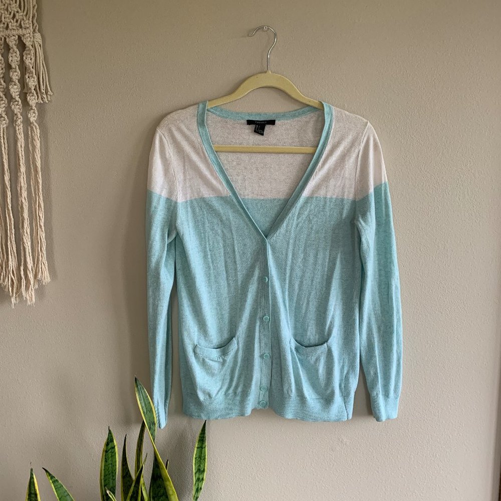 Light blue and white caridgan